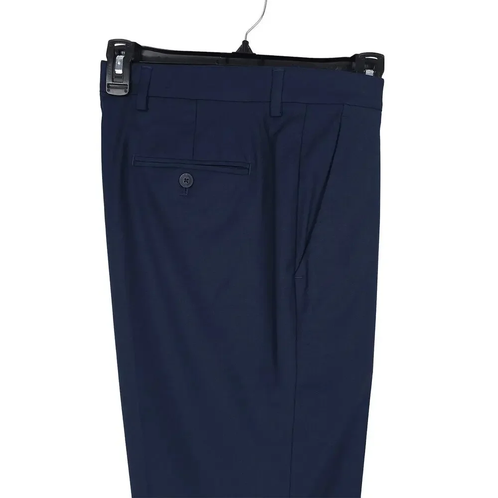 Perry Ellis Mens Slim Fit Dress Pants 38x32 Dark Blue Solid Stretch Micro Twill